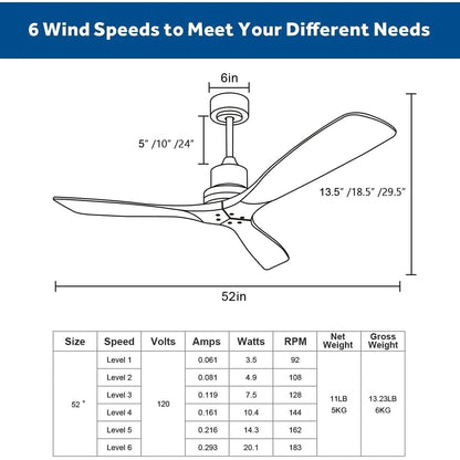 52 inch Modern Solid Wood / ABS Ceiling Fan With Remote Control(No Light),6 WInd Speed,Reversible Airflow