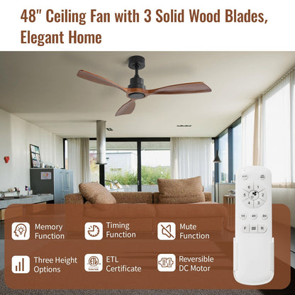 52/60/48 Noiseless Walnut Wood Ceiling Fan with Remote Control, Integrated Light Optional