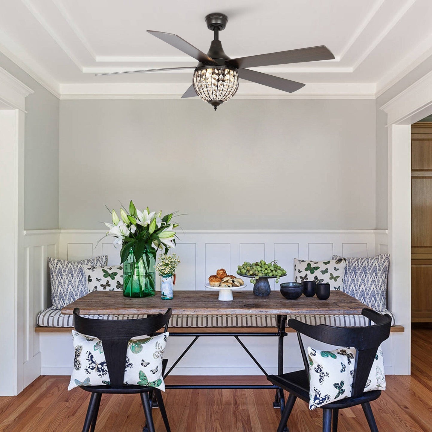 52 Industrial Black Wood 5-blade Crystal Ceiling Fan with Remote