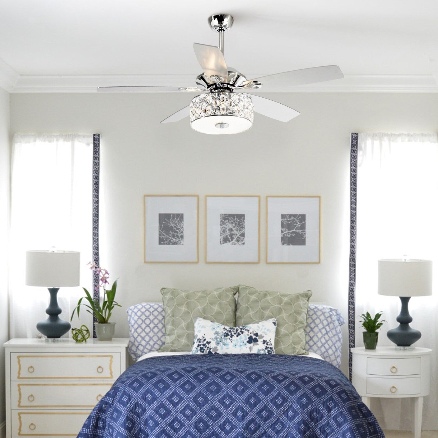 52 Modern 4-Light Chandelier Crystal Ceiling Fan with Remote