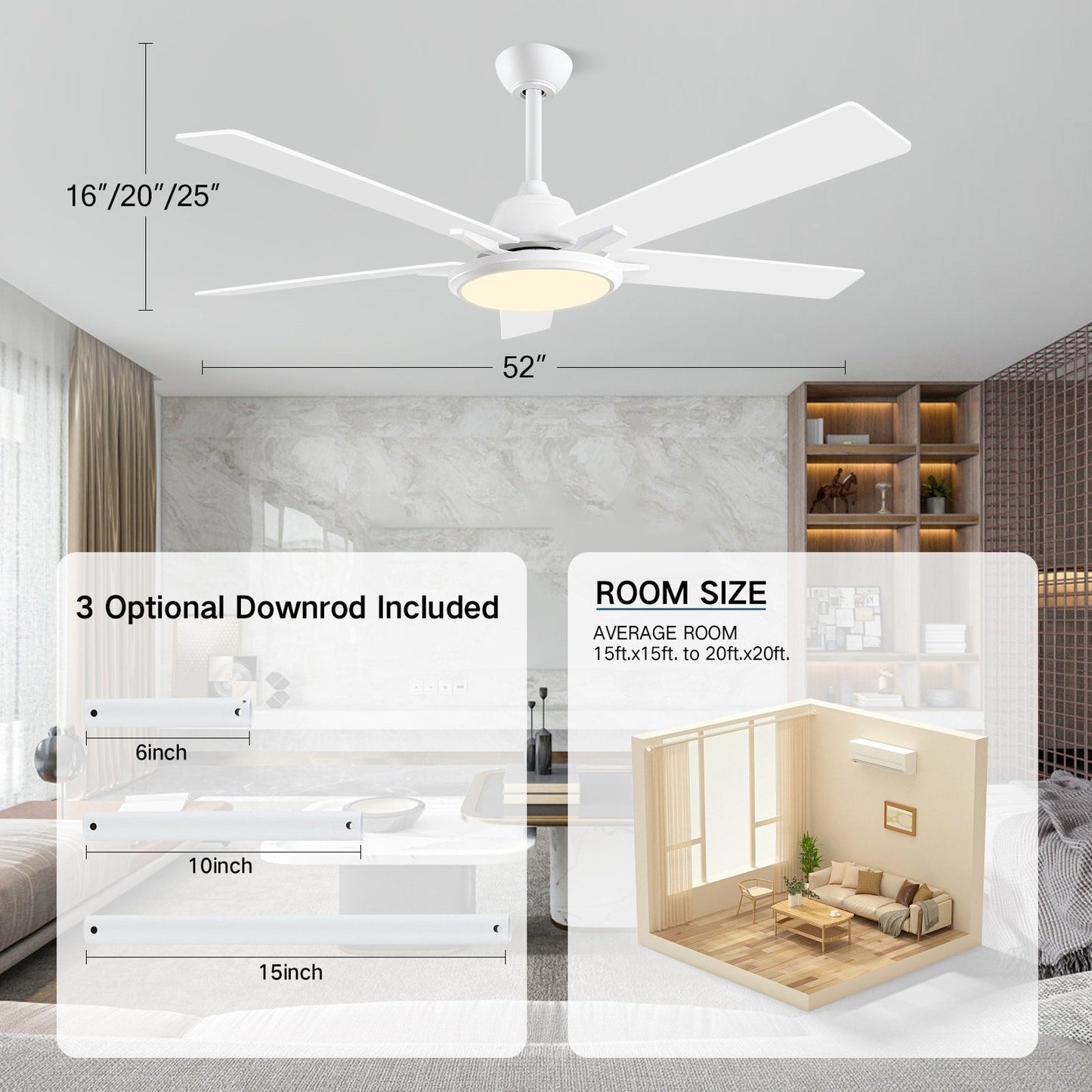 52 Modern Ceiling Fans with Lights and Remote, LED Dimmable