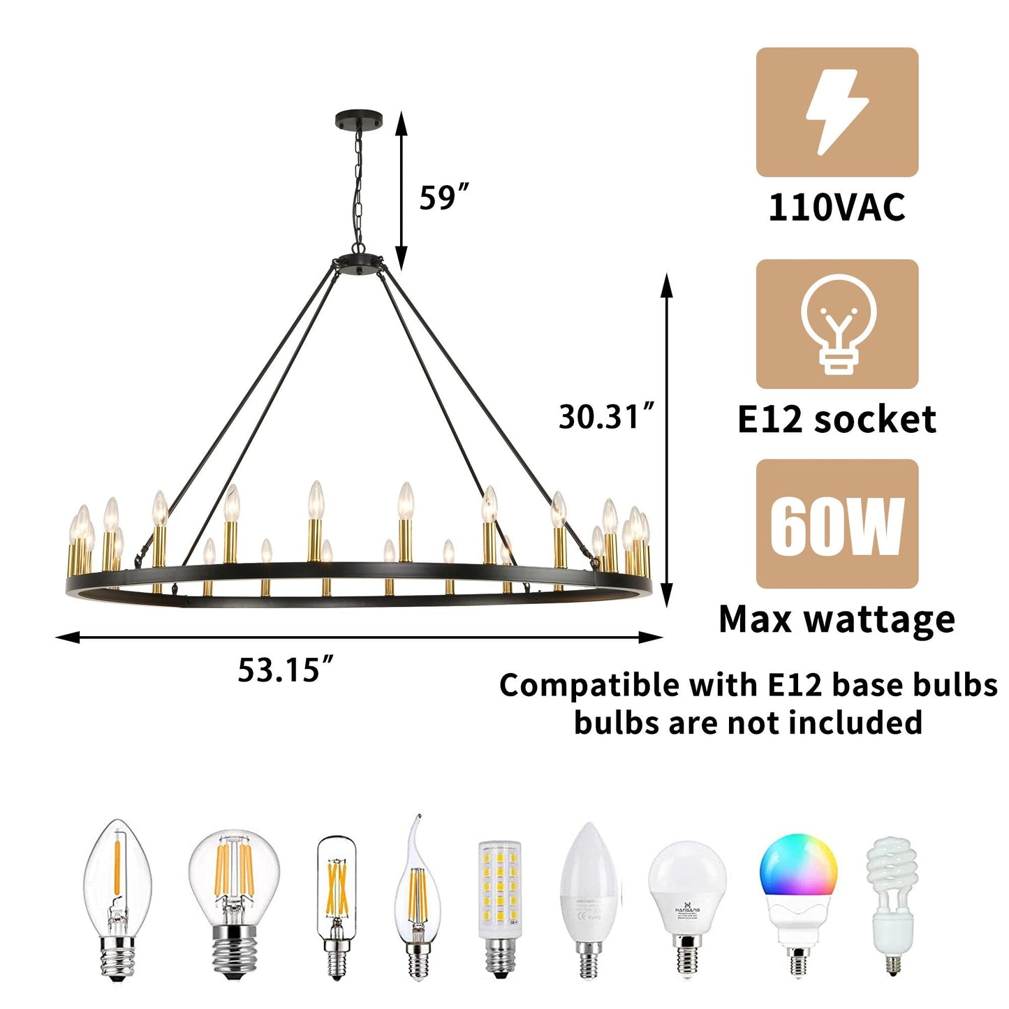 54-inch Round Wagon Wheel 24-light Chandelier