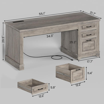 Farmhouse Executive Desk Home Office Desk File Drawer Monitor Stand Power Outlet