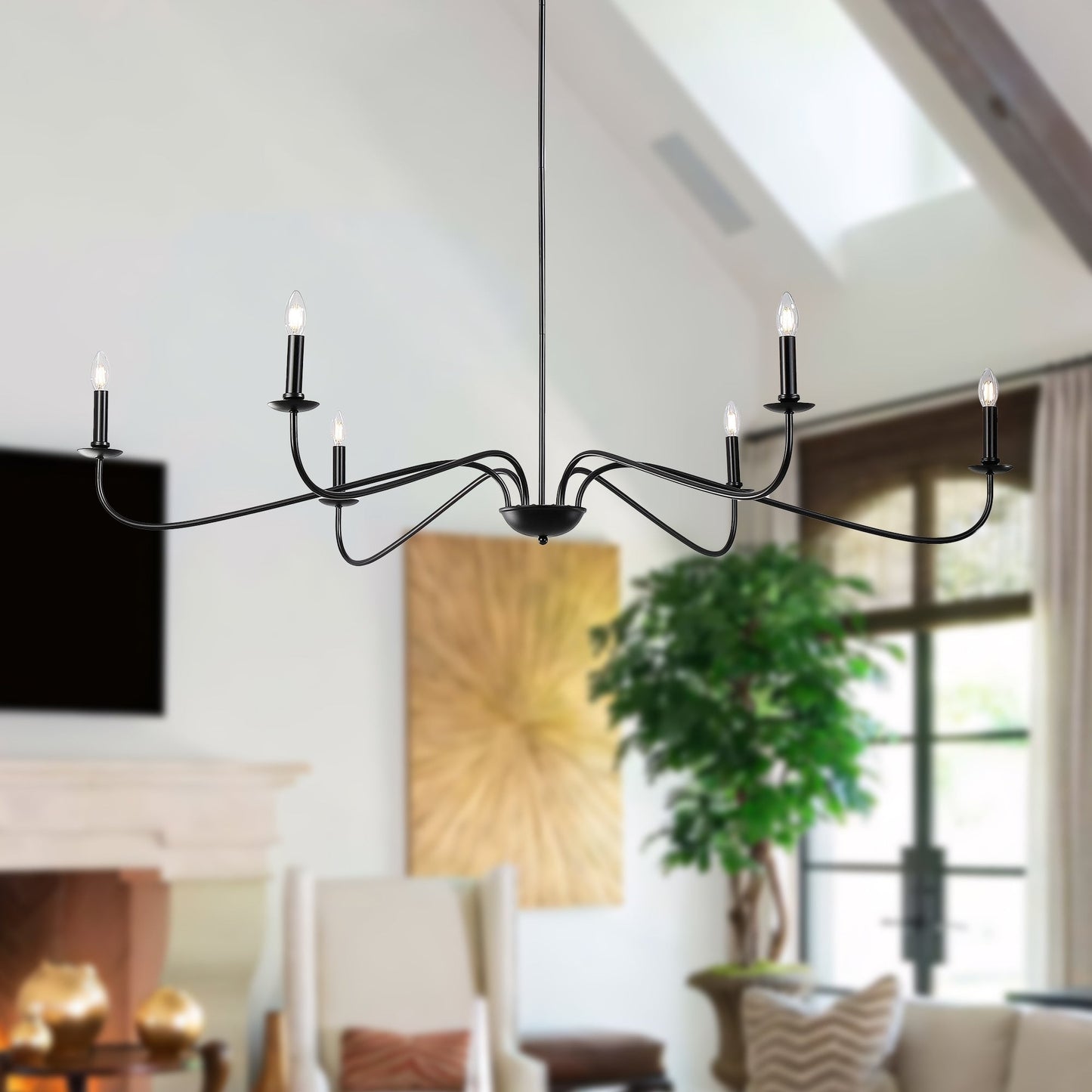 6 Light 64 Inches Minimalist Chandelier in Matte Black / Gold /Chrome - N/A
