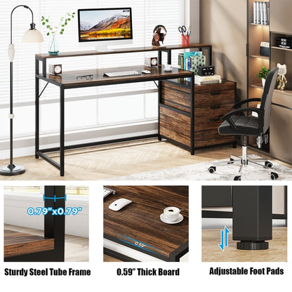 63 Computer Desk with Monitor Stand, Ergonomic Home Office Desks with Drawers File Cabinet
