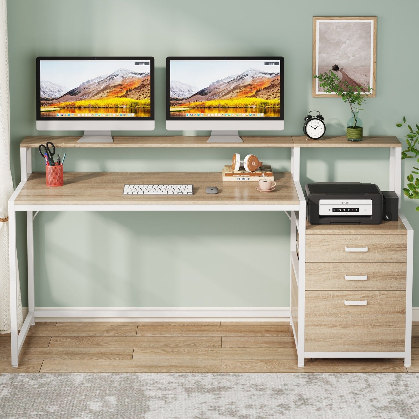 63 Computer Desk with Monitor Stand, Ergonomic Home Office Desks with Drawers File Cabinet