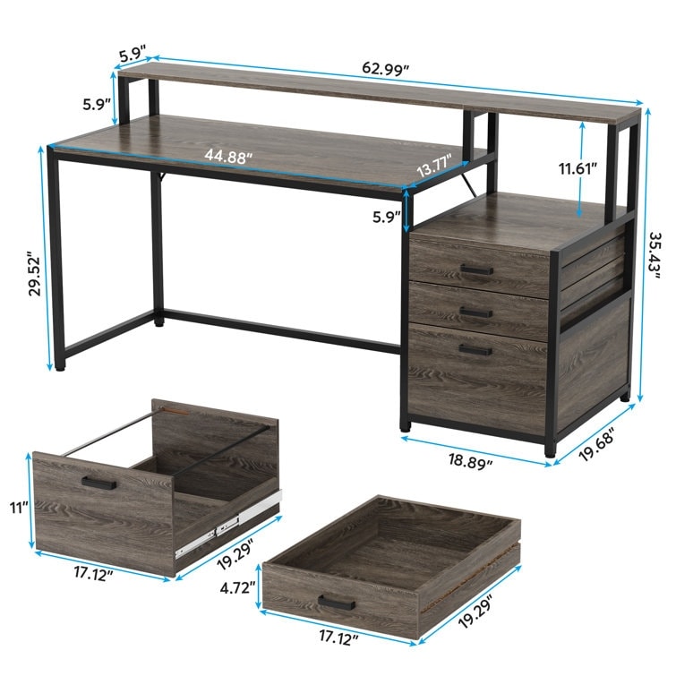 63 Computer Desk with Monitor Stand, Ergonomic Home Office Desks with Drawers File Cabinet