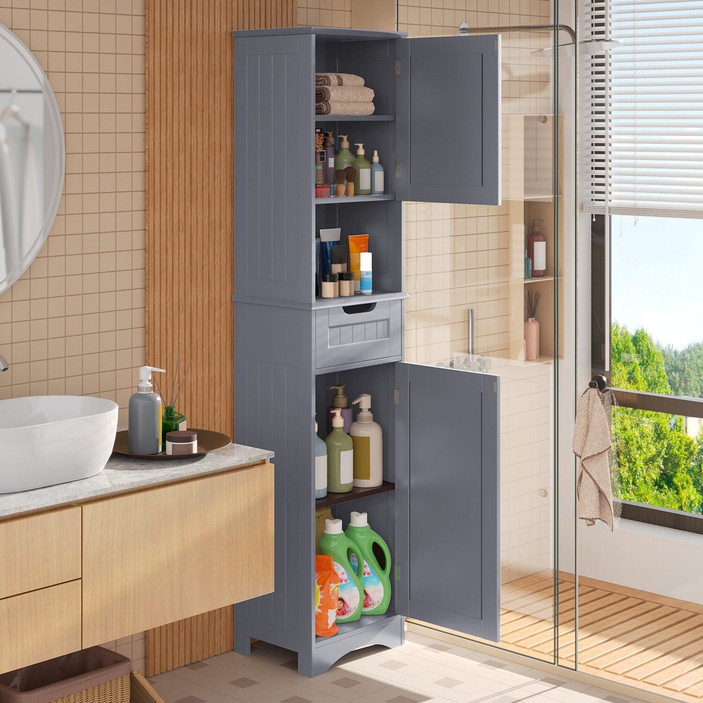 67'' Tall Bathroom Narrow Linen Cabinet, 5 Tiers Solid Wood Freestanding Storage Cabinet