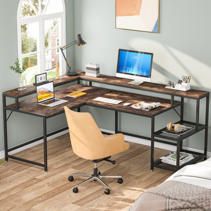 L Shaped Desk with Monitor Shelf, Reversible Corner Computer Desk for Office Home 69