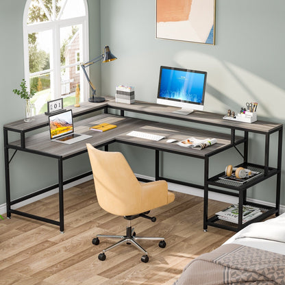 L Shaped Desk with Monitor Shelf, Reversible Corner Computer Desk for Office Home 69