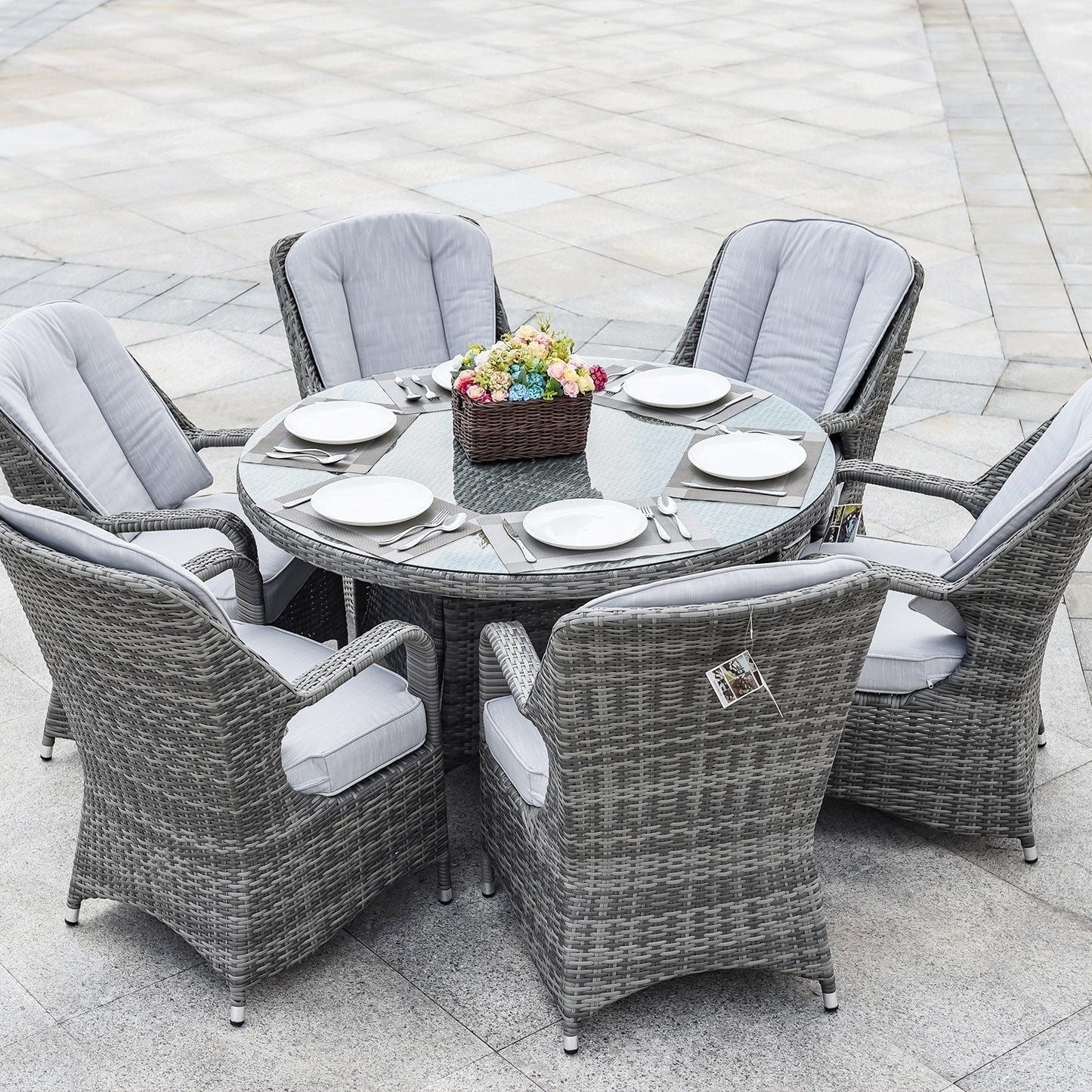 7 Pieces Outdoor Rattan Wicker Patio Round Dining Set with Cushions by Moda Furnishings