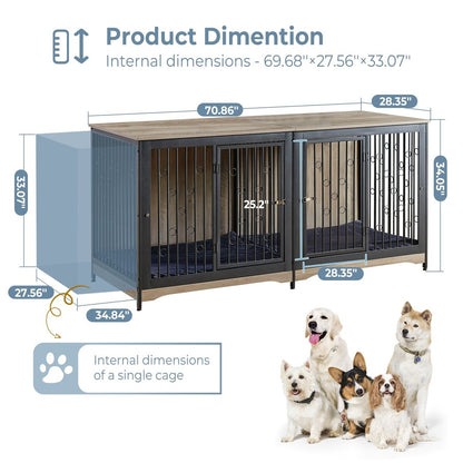 70.86'' Dog Crate Furniture Large Breed TV Stand with Cushion & Double Rooms (No Cushion)