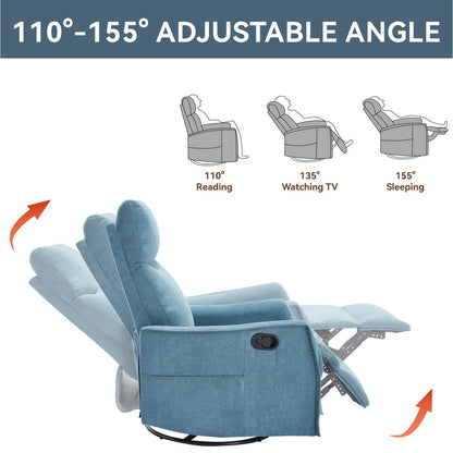 8 Point Massage Manual Recliner Chair Fabric Swivel Rocking Chair Single Sofa Armchair with Rocker and Lumbar Heating
