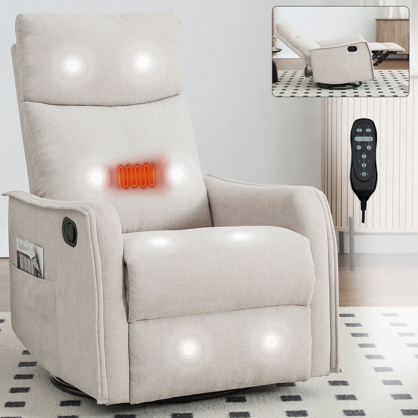 8 Point Massage Manual Recliner Chair Fabric Swivel Rocking Chair Single Sofa Armchair with Rocker and Lumbar Heating