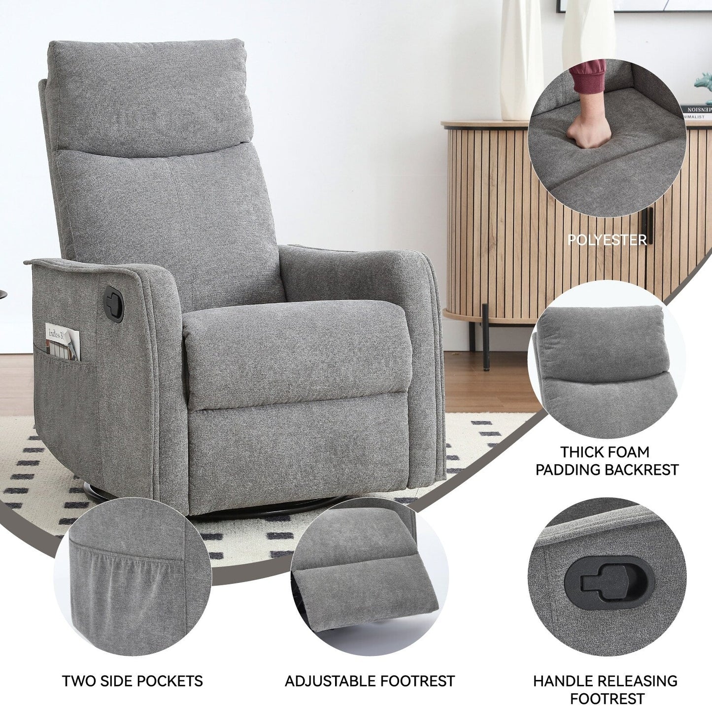 8 Point Massage Manual Recliner Chair Fabric Swivel Rocking Chair Single Sofa Armchair with Rocker and Lumbar Heating