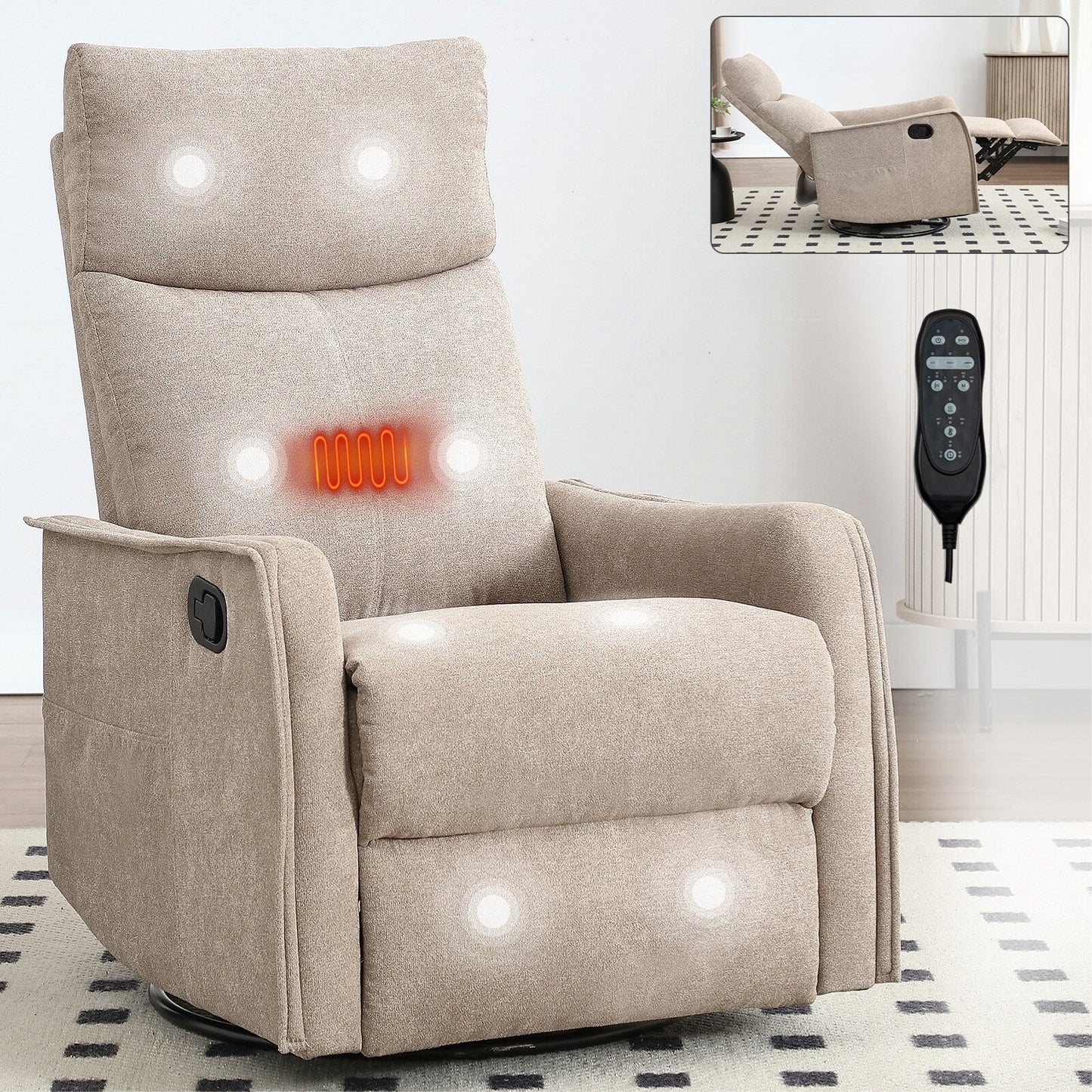 8 Point Massage Manual Recliner Chair Fabric Swivel Rocking Chair Single Sofa Armchair with Rocker and Lumbar Heating