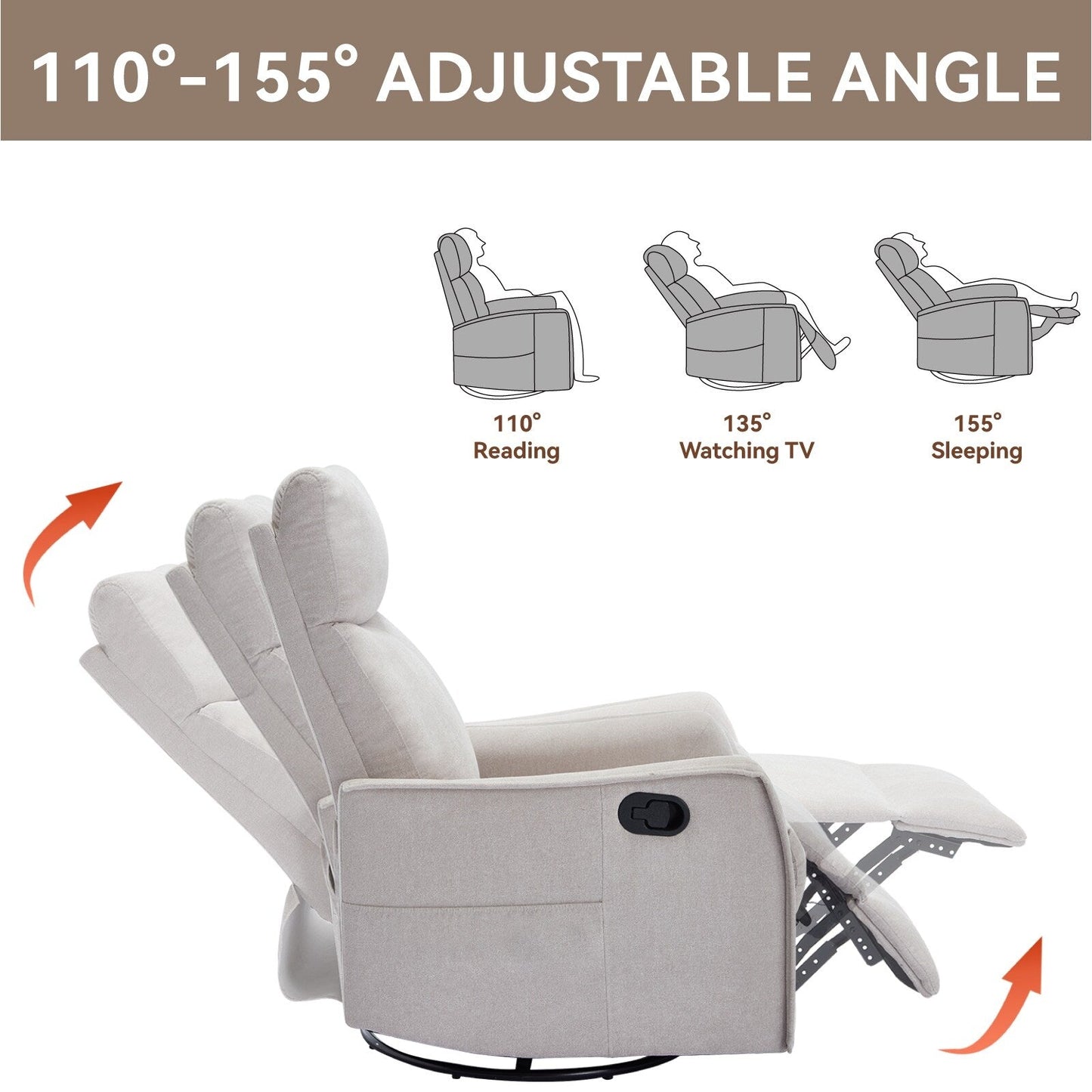 8 Point Massage Manual Recliner Chair Fabric Swivel Rocking Chair Single Sofa Armchair with Rocker and Lumbar Heating