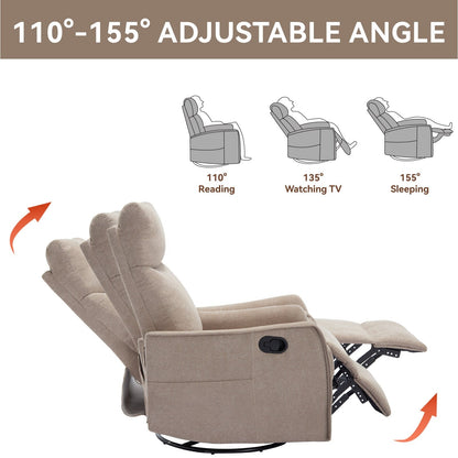 8 Point Massage Manual Recliner Chair Fabric Swivel Rocking Chair Single Sofa Armchair with Rocker and Lumbar Heating