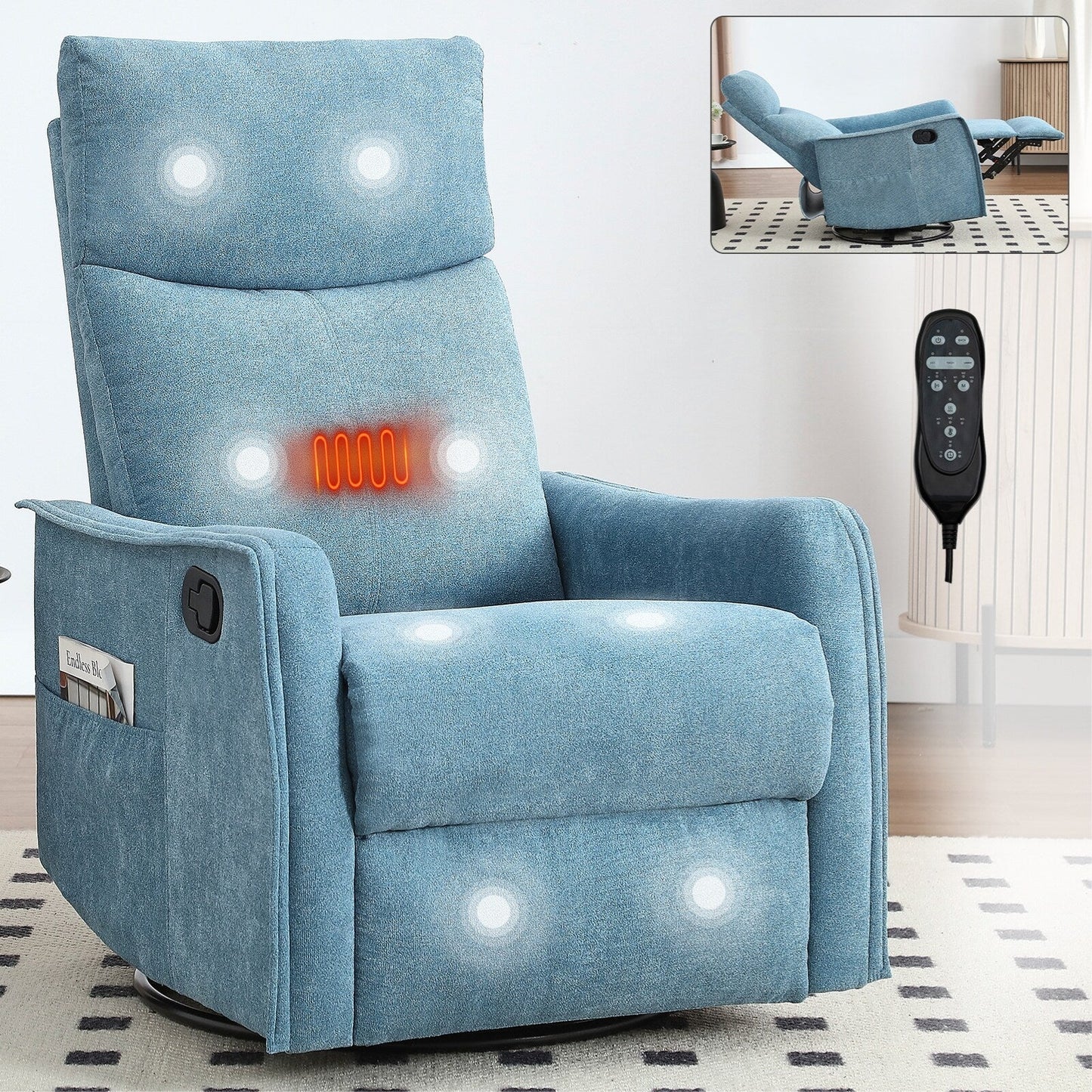 8 Point Massage Manual Recliner Chair Fabric Swivel Rocking Chair Single Sofa Armchair with Rocker and Lumbar Heating
