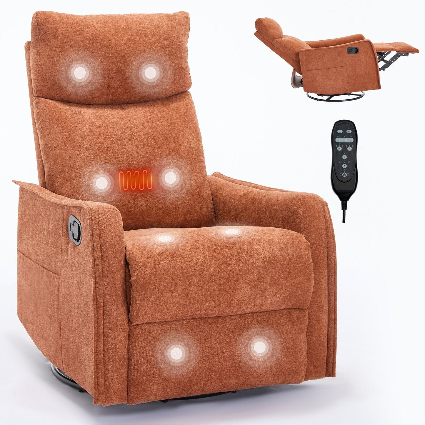 8 Point Massage Manual Recliner Chair Fabric Swivel Rocking Chair Single Sofa Armchair with Rocker and Lumbar Heating
