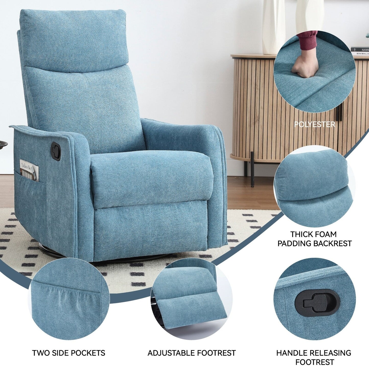 8 Point Massage Manual Recliner Chair Fabric Swivel Rocking Chair Single Sofa Armchair with Rocker and Lumbar Heating