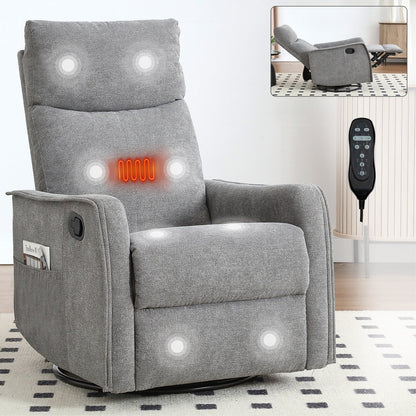 8 Point Massage Manual Recliner Chair Fabric Swivel Rocking Chair Single Sofa Armchair with Rocker and Lumbar Heating