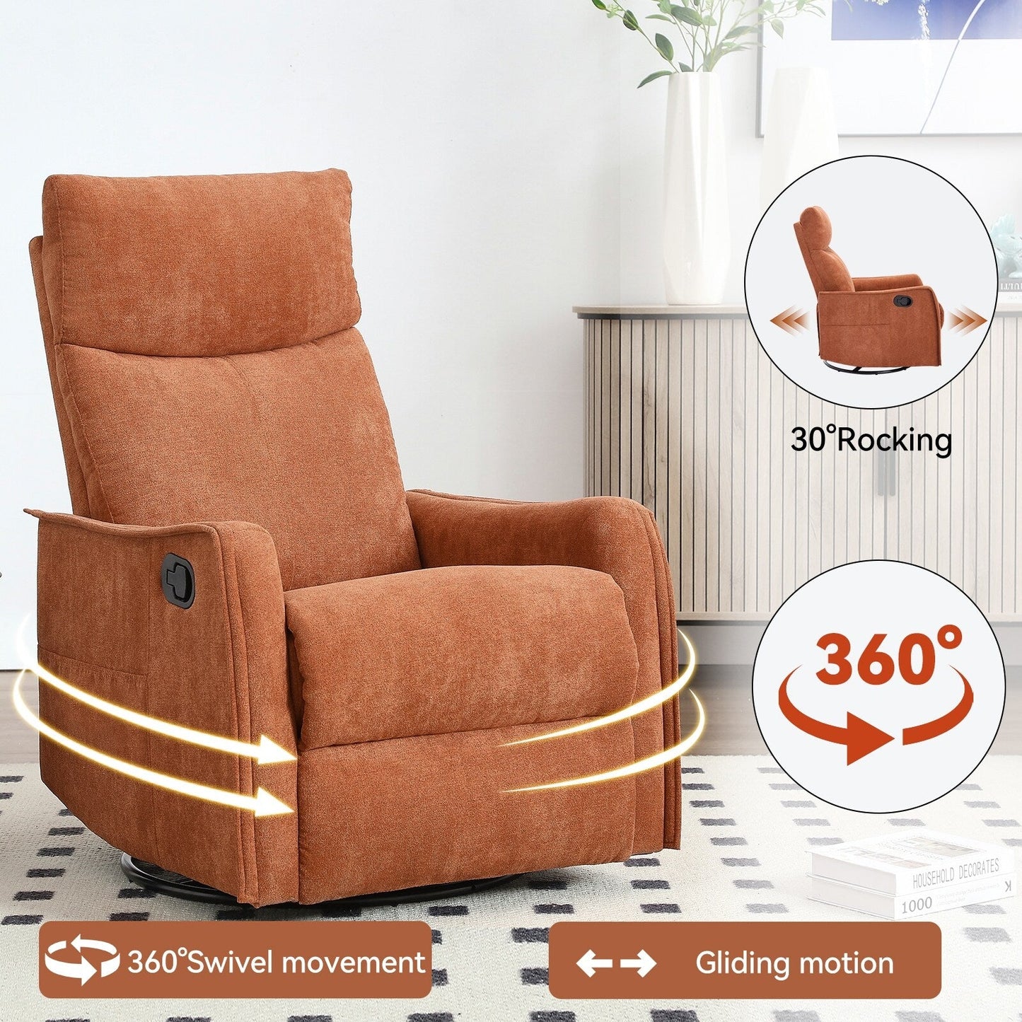 8 Point Massage Manual Recliner Chair Fabric Swivel Rocking Chair Single Sofa Armchair with Rocker and Lumbar Heating