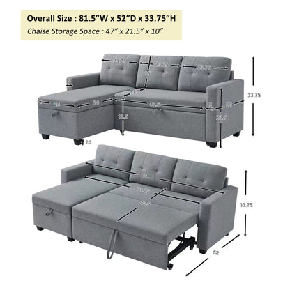 81.5'' Upholstered Convertible 3 Seater Sleeper Sofa with Pull-Out Bed, Reversible Storage Chaise, and Back Cushions