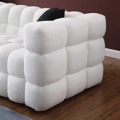 84.3 Luxurious Large Boucle Sofa 3 Seater Marshmallow Upholstered Sofa with 2pc Square Accent Pillows and Square Arm