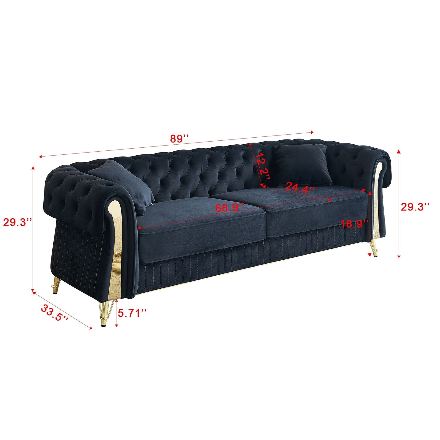 89 Velvet 3-Seater Sofa Sofa with Two Seat Cushions and Two Toss Pillows
