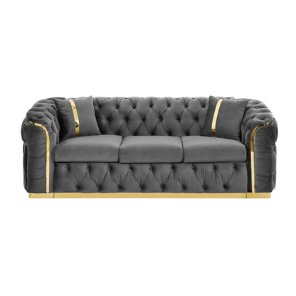 90.6 Velvet 3-Seater Sofa with 2 Pillows High-Density Cushions, Gold Accents, and Pillows