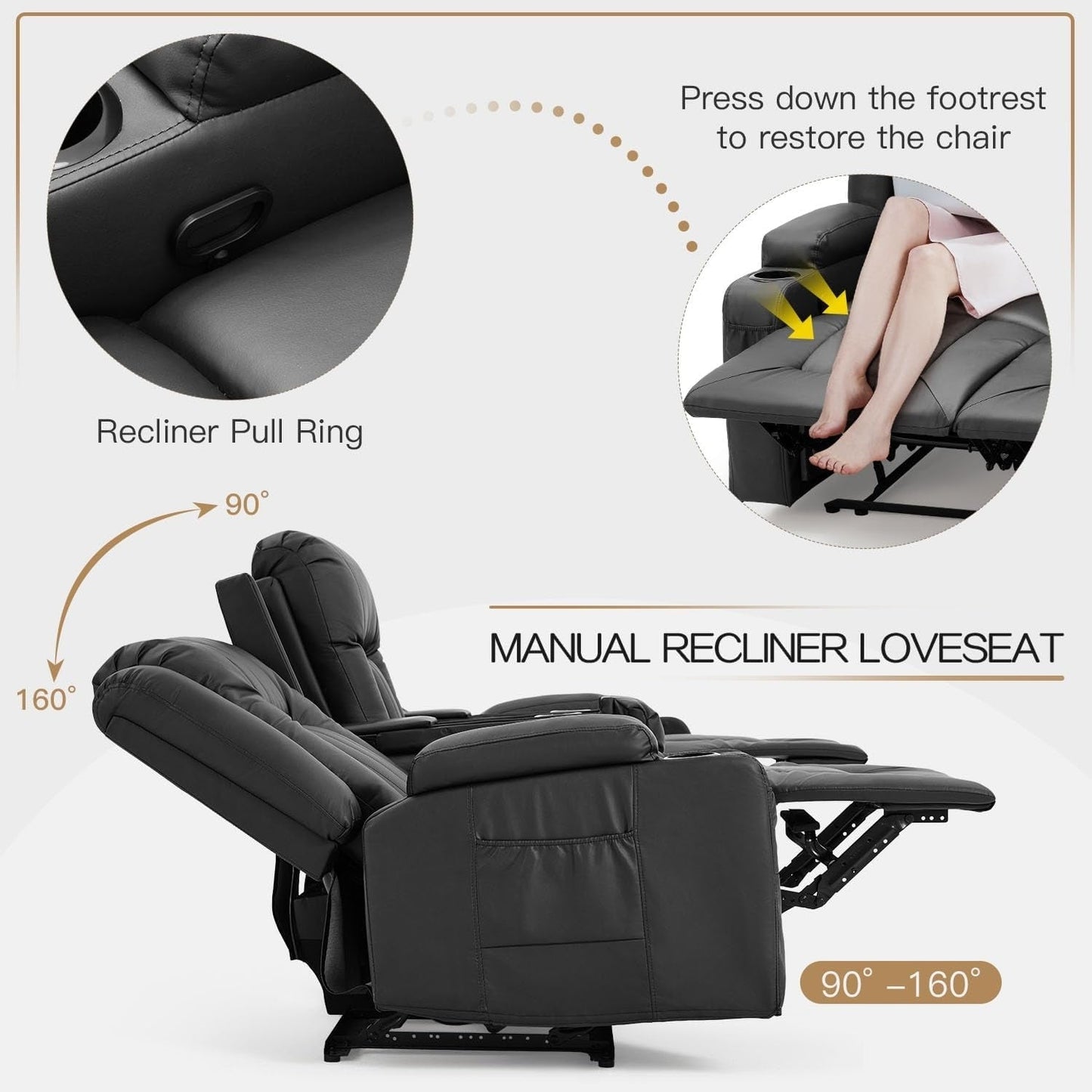 AECOJOY Recliner Sofa Manual RV Reclining Couch PU Home Theater Seating w/ Console