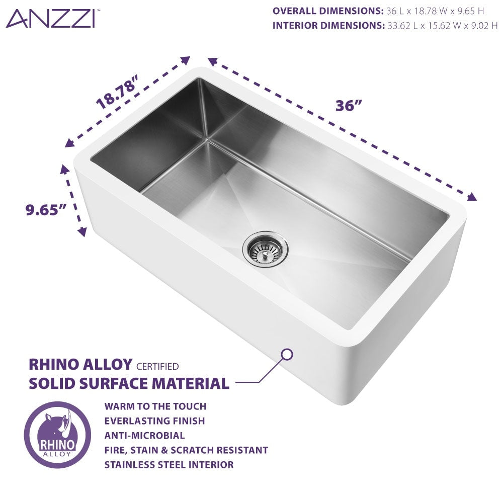 ANZZI Apollo Matte White Solid Surface Farmhouse 36 in. Single Bowl Kitchen Sink with Stainless Steel Interior
