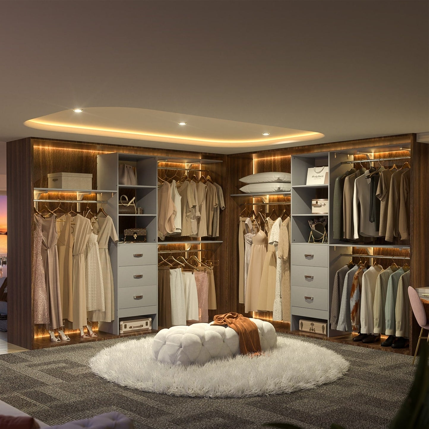 Rackcog 120'' Adjustable Closet Organizer with Drawers, Closet System with DIY Shelves for Reach-in and Walk-in Closet