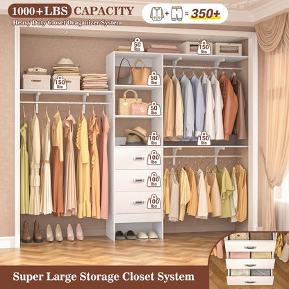 Rackcog 120'' Adjustable Closet Organizer with Drawers, Closet System with DIY Shelves for Reach-in and Walk-in Closet