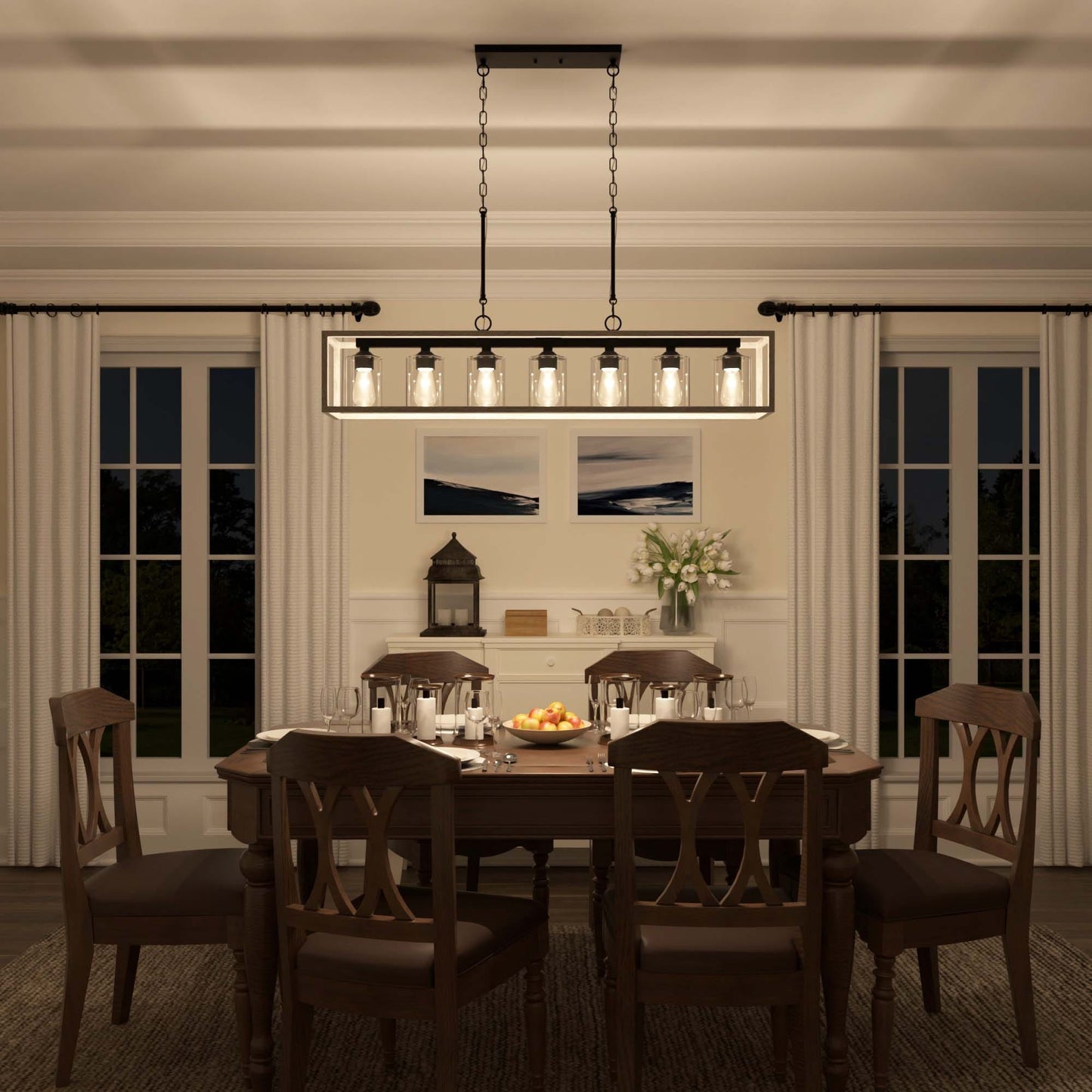 Allegray 52in Farmhouse 7-light Linear Chandelier Rectangle Kitchen Island Pendant