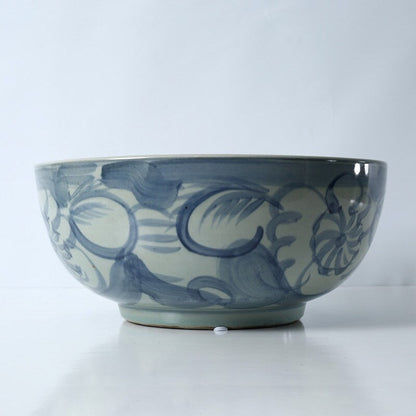 Approx. 16 Wide Blue and White Bowl with Flower Motif