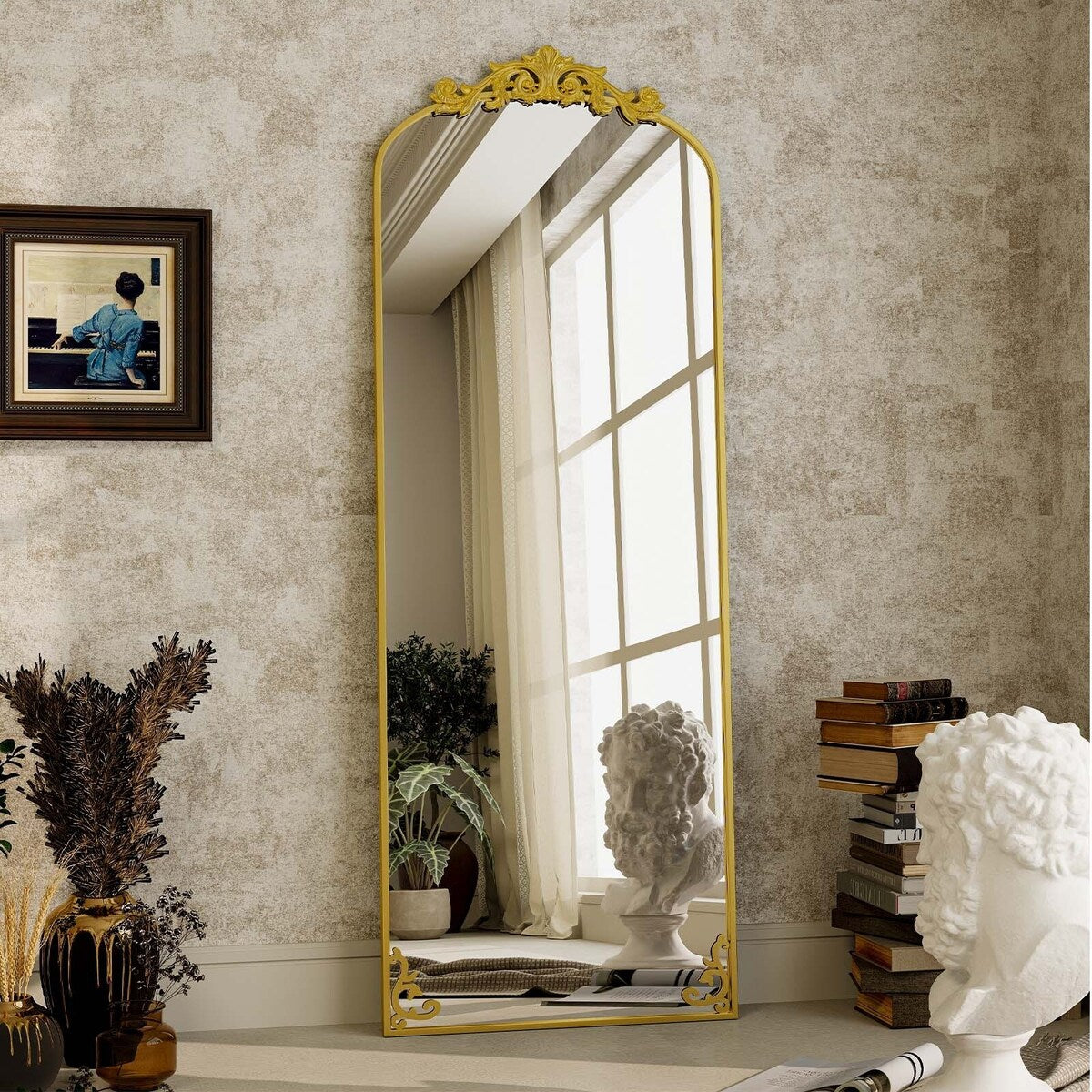 Arched Full Length Mirror with Baroque Flower Design