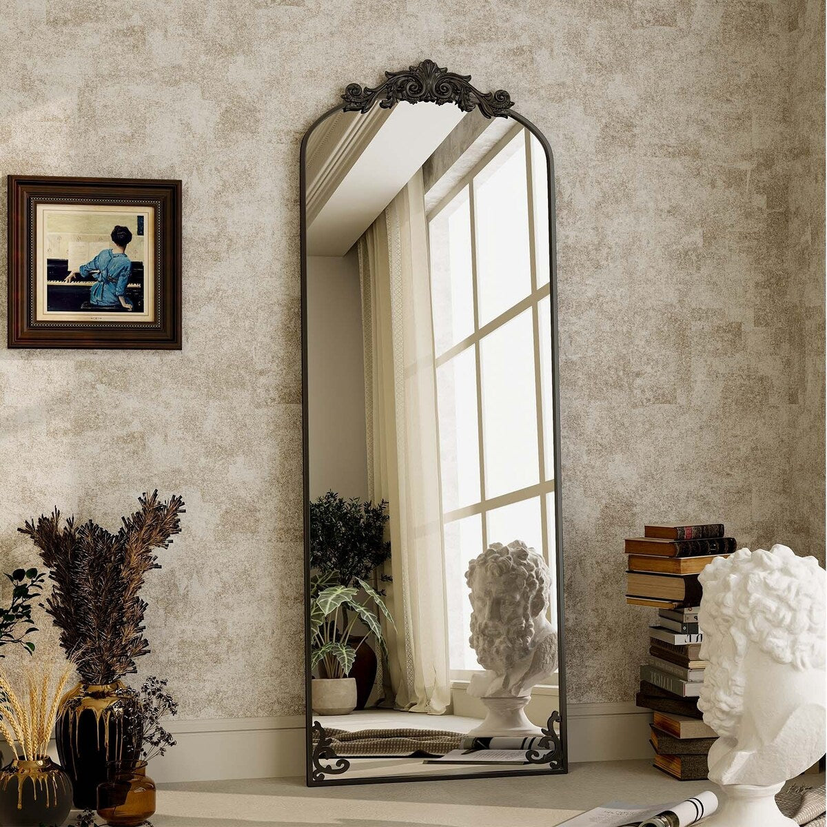 Arched Full Length Mirror with Baroque Flower Design