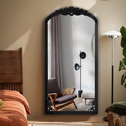 Arched Full-Length Solid Wood Carving Floor Mirror