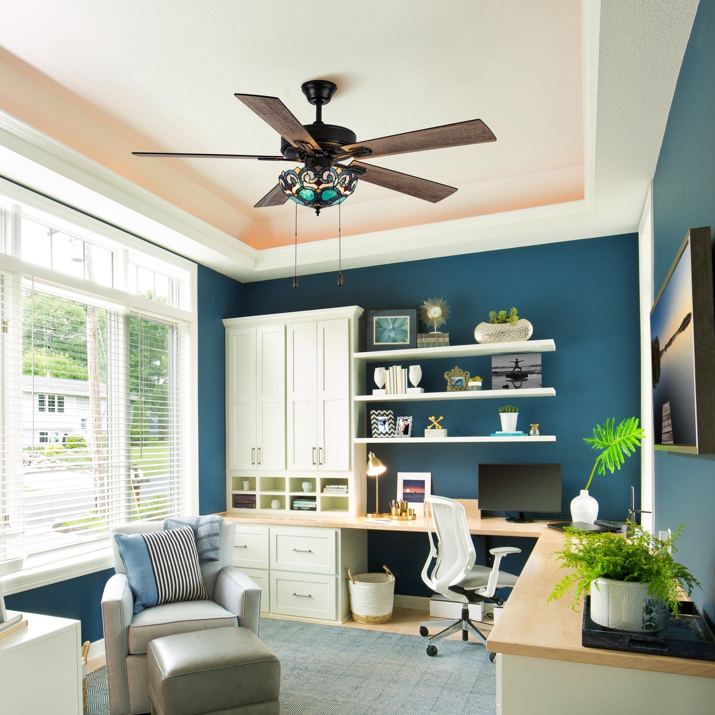 Astrid River of Goods Multicolored Oil-Rubbed Bronze and Stained Glass 3-Light 52-Inch Ceiling Fan - 52 x 52 x 14.75/19.75