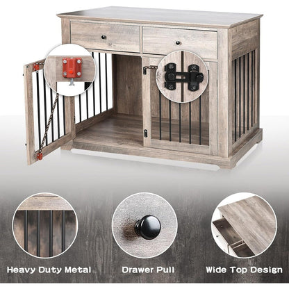 BOSSIN 44 Inch Large Dog Crate Furniture, Wooden Dog Kennel End Table with Storage Drawers, Decorative Pet Crates Dog House