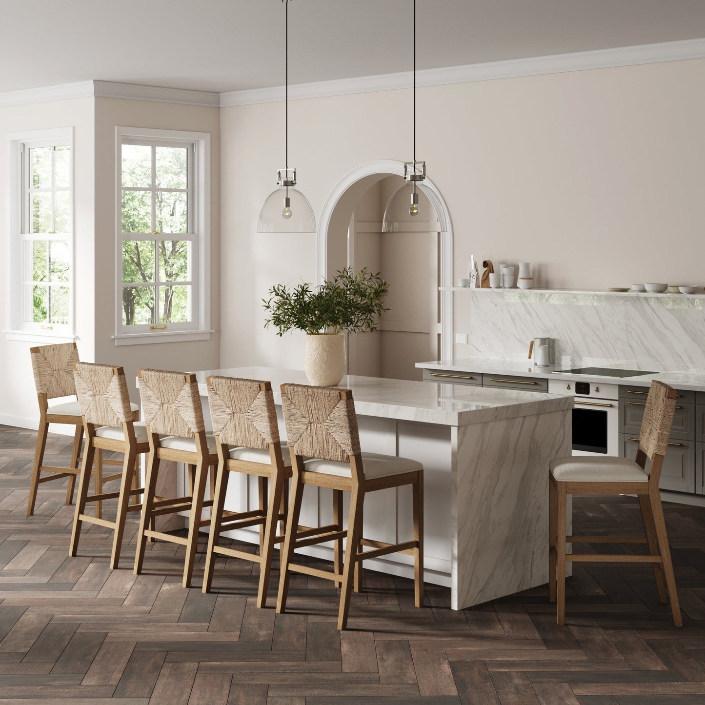 Beacon Bohemian Boucle Bar Stool, Upholstered Counter Height Chair with Solid Wood Frame and Woven Seagrass Back