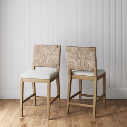 Beacon Bohemian Boucle Bar Stool, Upholstered Counter Height Chair with Solid Wood Frame and Woven Seagrass Back