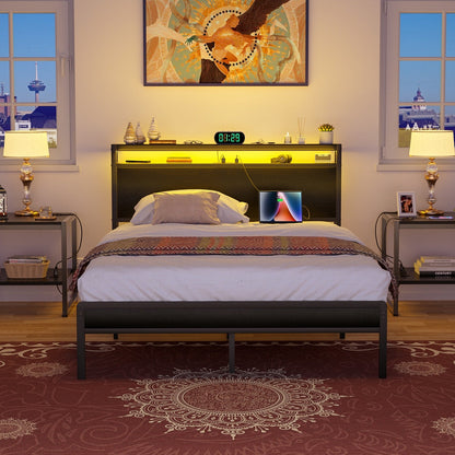 Farmhouse Wood Platform Bed Frame with Charged Station and LED Lights
