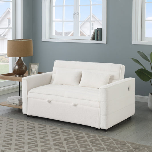 Beige 55.12 Boucle Loveseat Convertible Pull-Out Sofa Bed with Adjustable Back and 2 Waist Pillows for Living Room