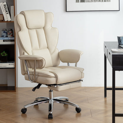 Beige Bonded Leather 360¡ã Swivel Ergonomic High Back Office Recliner with Lumbar Support, Footrest, Adjustable Height