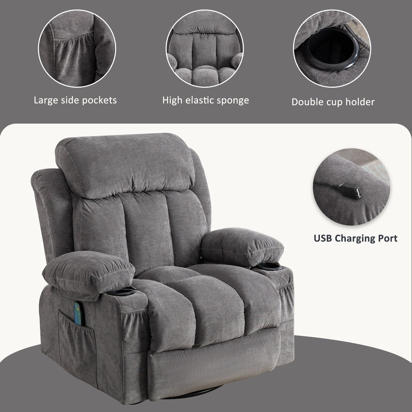 Beige Swivel Recliner with Massage, Heat & USB Charging