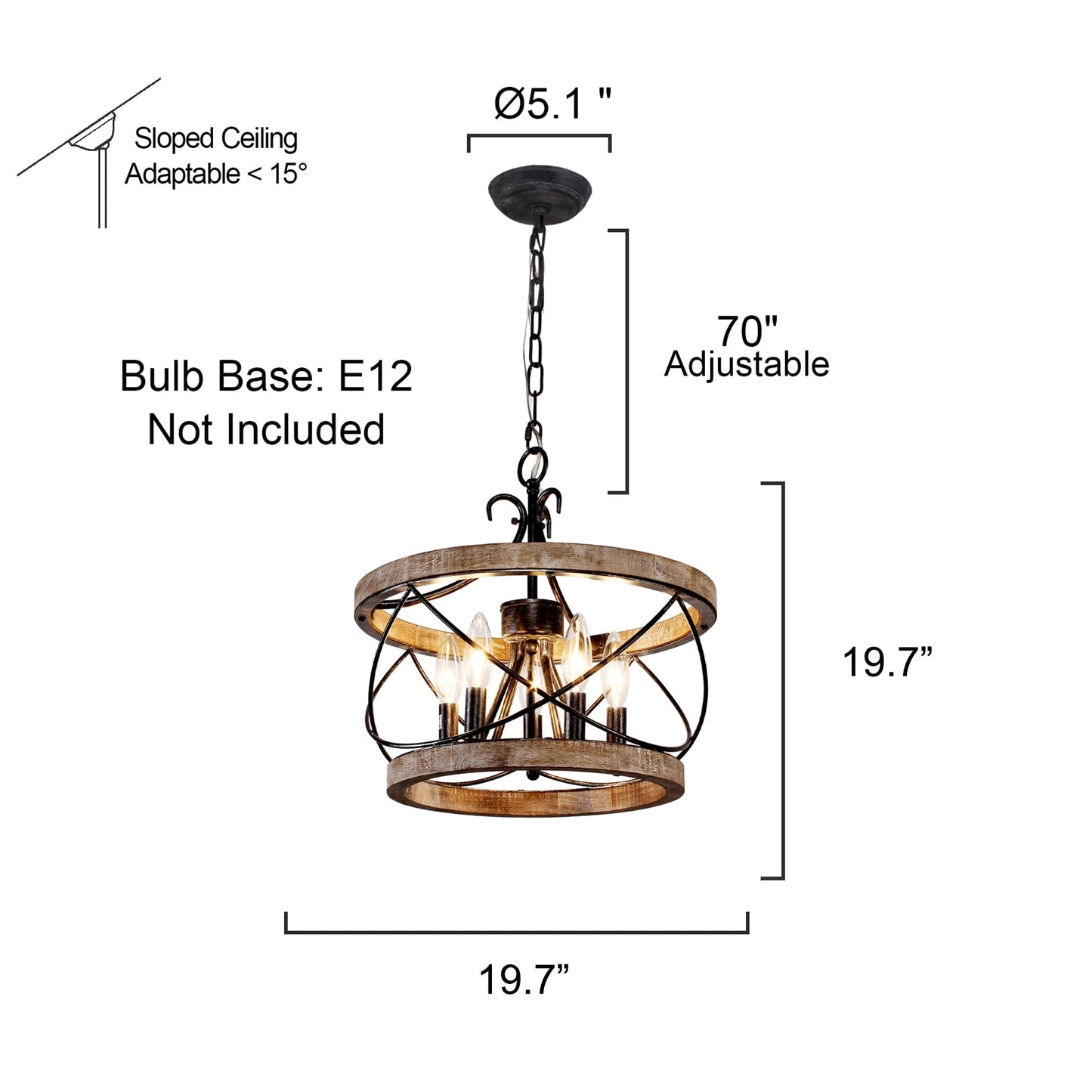 Bella Depot 5-Light Rustic Cage Wood Chandelier Dimmable Lighting, 15.7 Adjustable Farmhouse Pendant Light for Kitchen Island