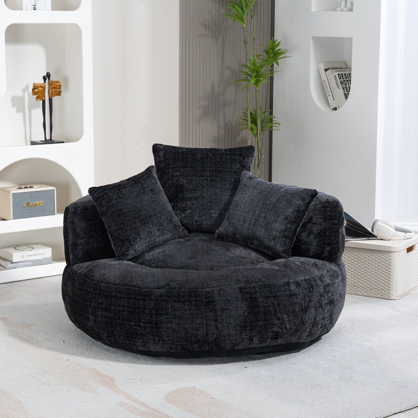 Black Oversized 42.52 Chenille Lazy Bean Bag Single Sofa with Three Pillows for Bedroom